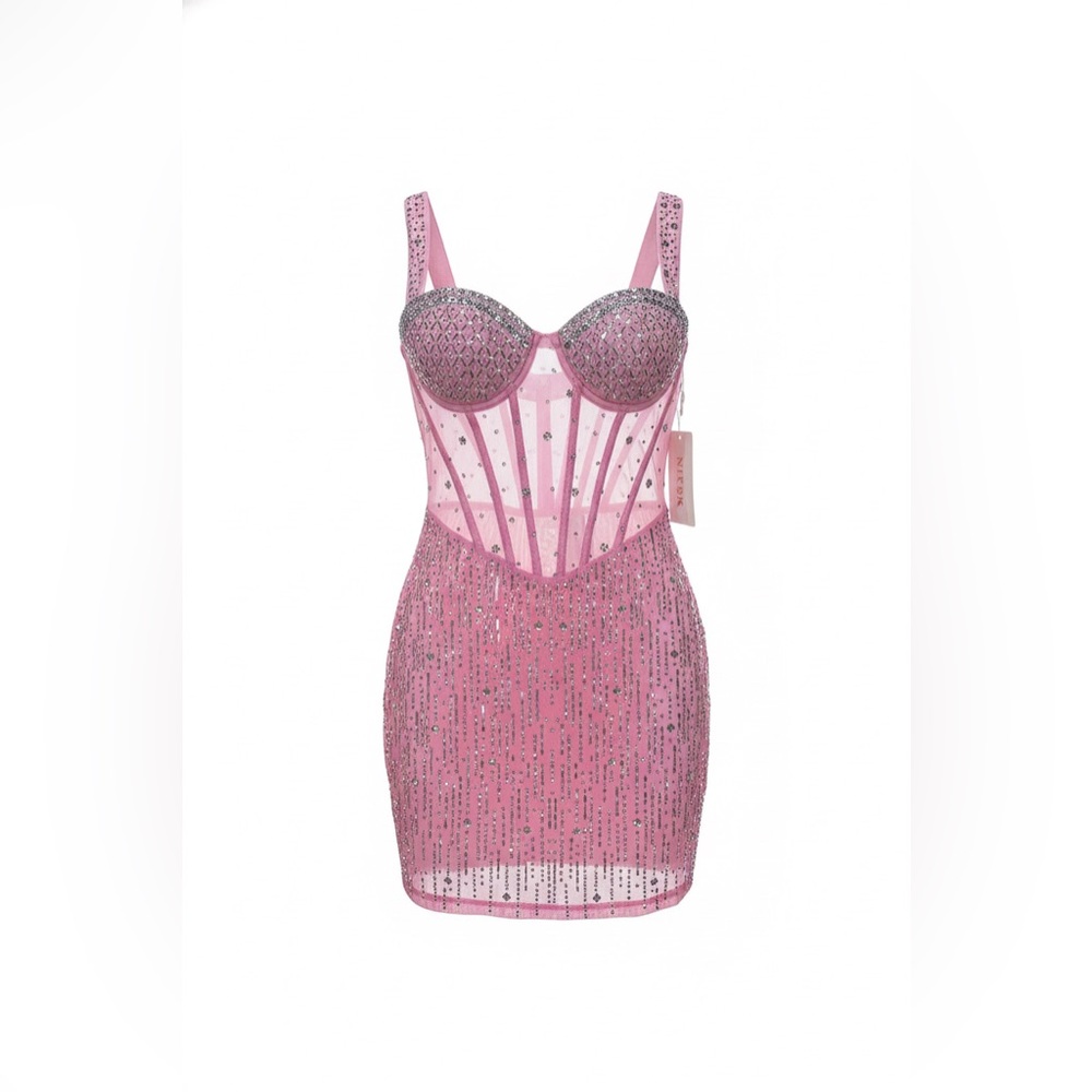 Women’s Mini Pink Dress Sheer Rhinestone Sleeveless Bodycon Wide Strap Size S